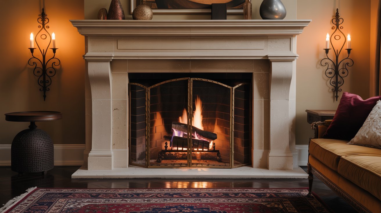 A fireplace adorned with a mantle, accompanied by a welcoming rug in front, inviting warmth and relaxation to the setting.