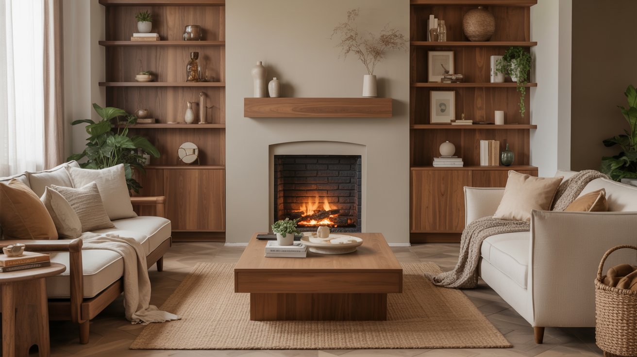 A cozy living room features a lit fireplace, cushioned sofas, a wooden coffee table, and shelves with decor. Warm tones and greenery create a relaxing ambiance.
