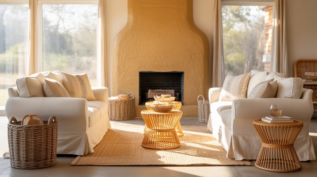 Cozy living room with two white sofas facing each other, a wicker coffee table in between, and a large beige fireplace. Sunlight streams through tall windows.d