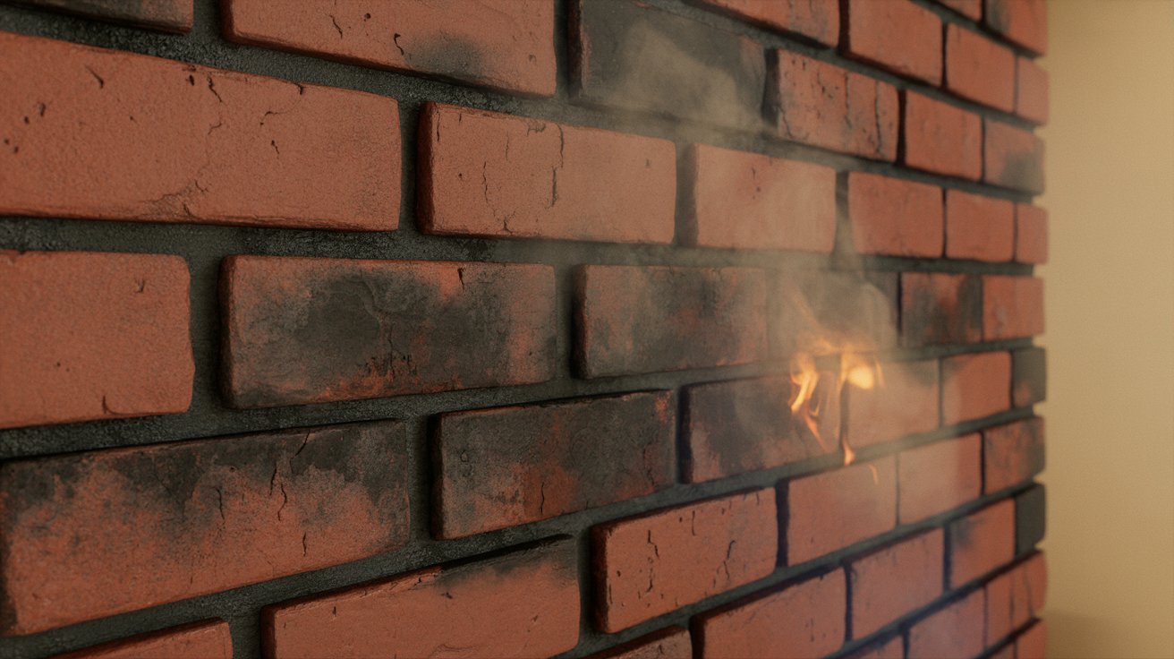 A brick wall with wisps of smoke rising from its surface, suggesting a fire or heat source nearby.