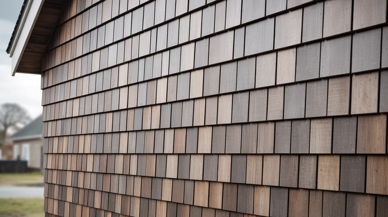 Close-up of a house wall covered with brown wooden shingles in varying shades. The shingles create a textured, rustic look under a cloudy sky.