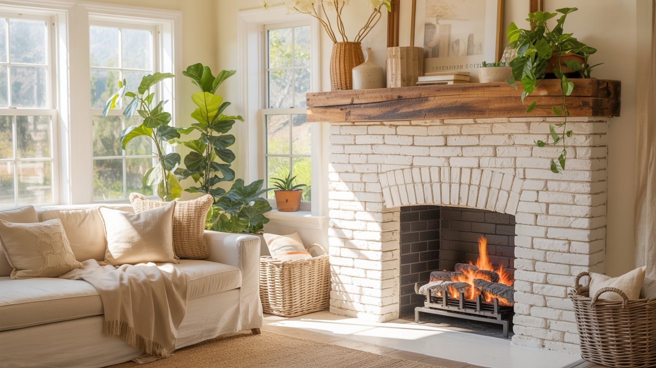 A cozy living room with a lit fireplace set in a white brick wall. Sunlit, with green plants, a sofa with cushions, and a warm, inviting atmosphere.