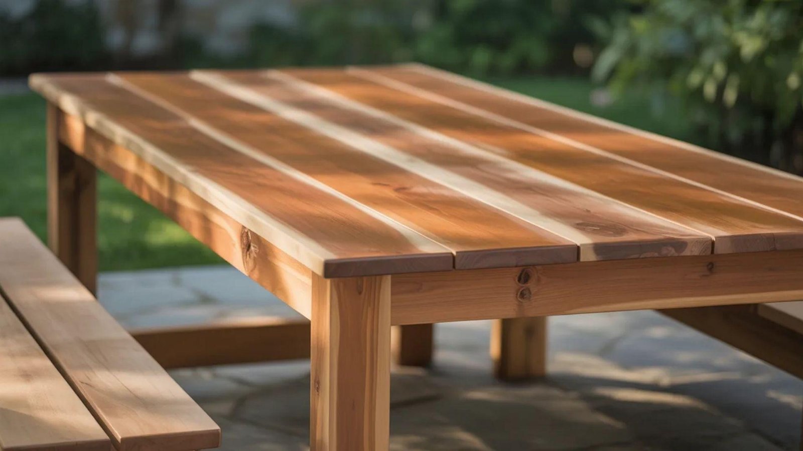 Wooden picnic table with benches in a sunlit garden setting. The table's smooth surface and natural wood grain enhance the warm, inviting atmosphere.