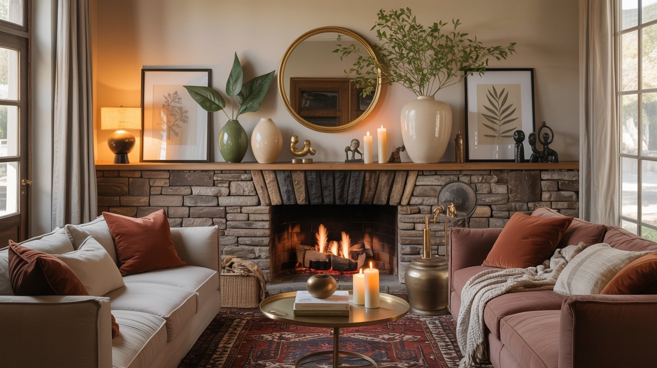 A stylish living room with a stone fireplace and a plush couch, designed for relaxation and comfort.