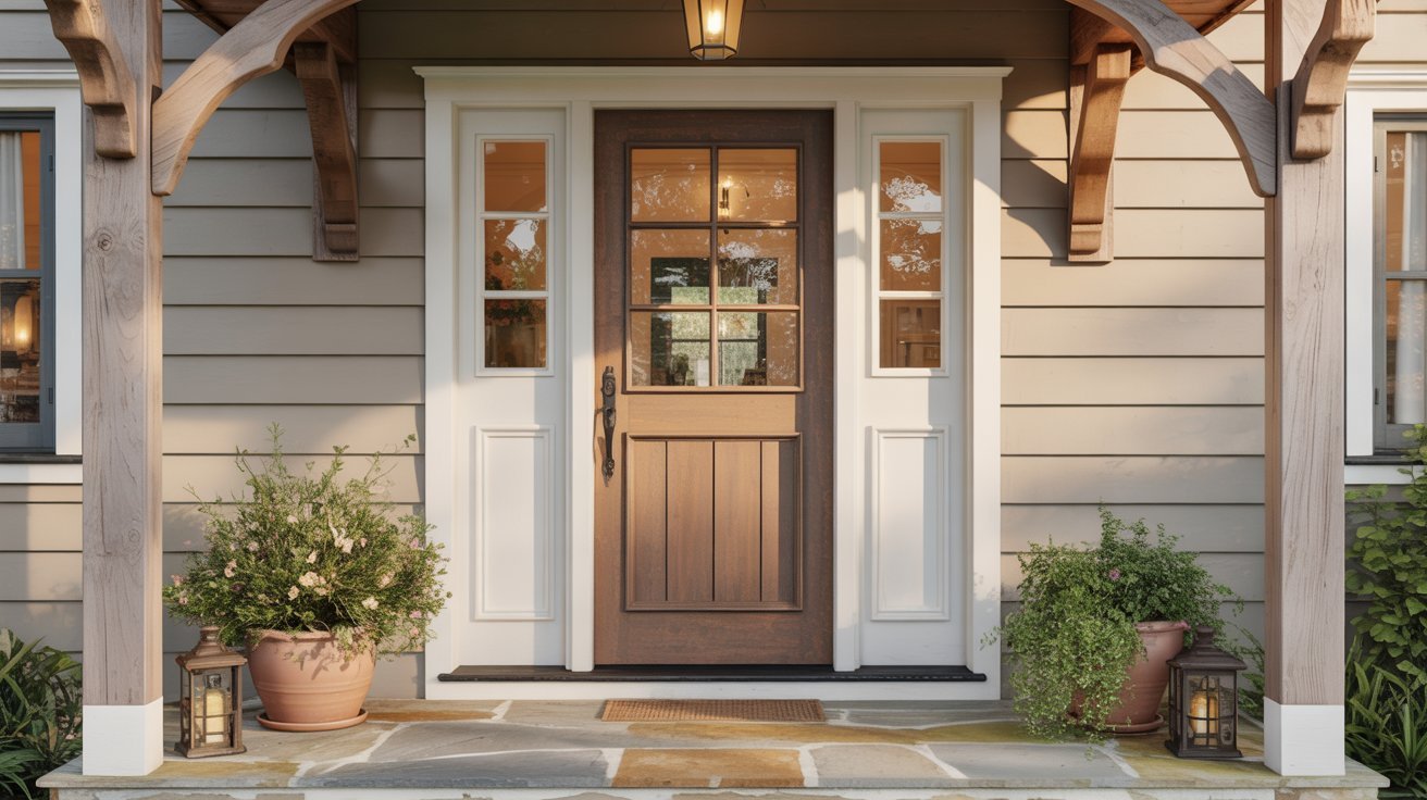 A charming wooden front door surrounded by lush potted plants, enhancing the welcoming atmosphere of the entryway.