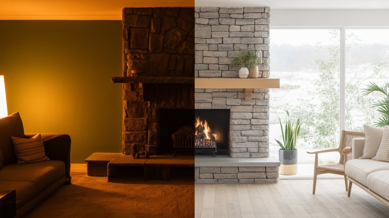 Split image showing two living rooms. Left: warm, dimly lit, rustic stone fireplace, brown sofa. Right: bright, modern, stone fireplace, white sofa, plants.