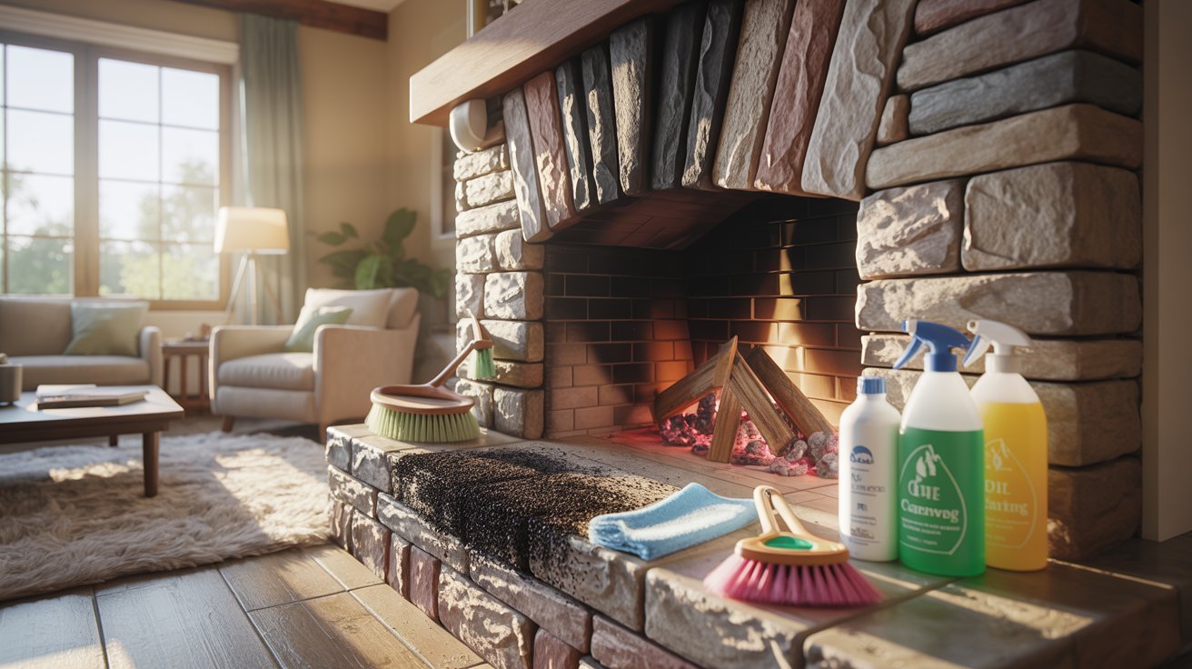A cozy fireplace surrounded by cleaning supplies, with a comfortable couch positioned nearby for relaxation.