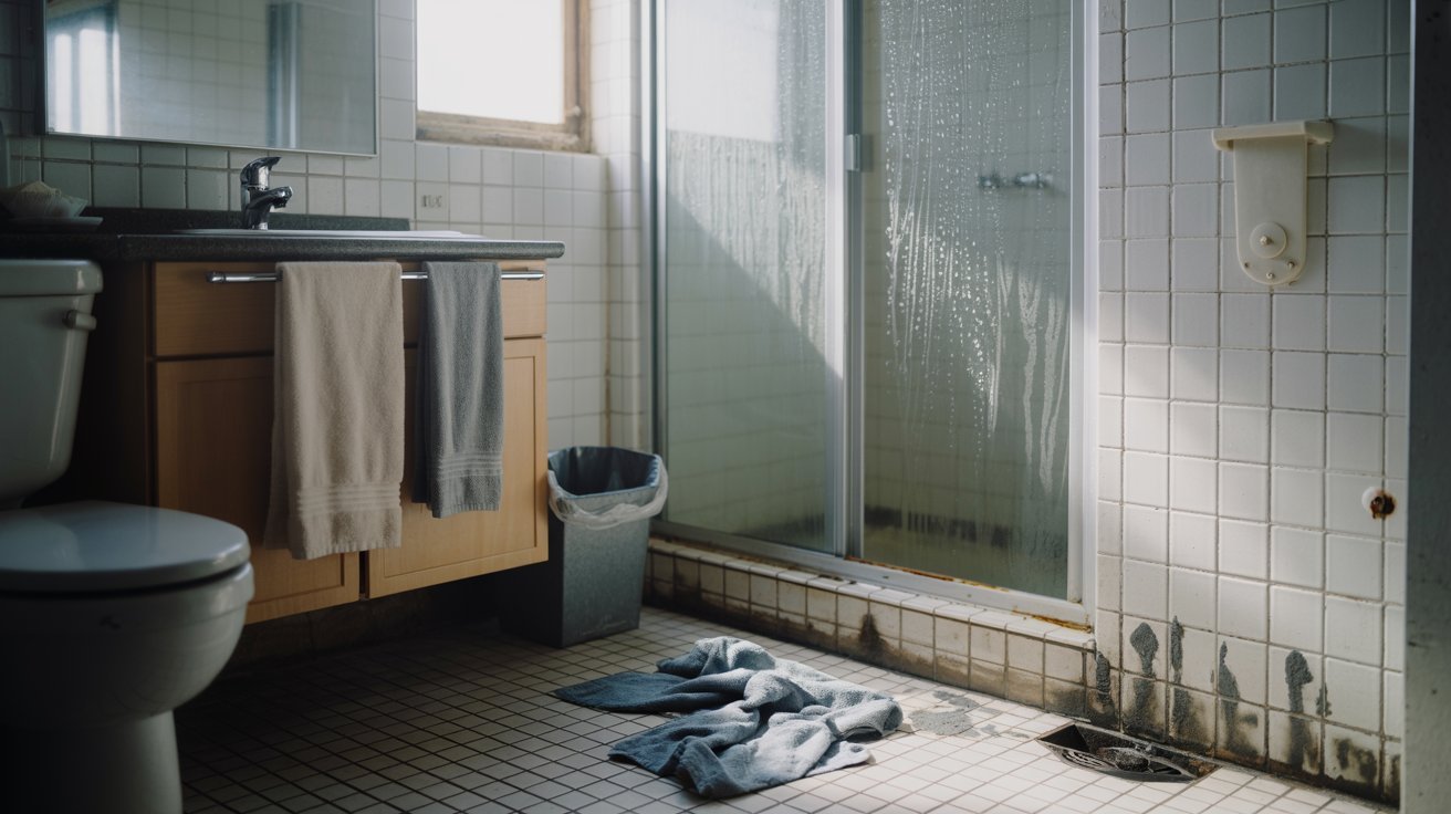A dimly lit bathroom with a shower, white tile walls, towels hanging, and a wet towel on tiled floor. It conveys a sense of neglect and disarray.