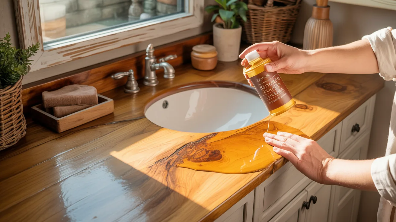 A person applies a yellow substance onto a wooden counter, focusing on the task at hand.