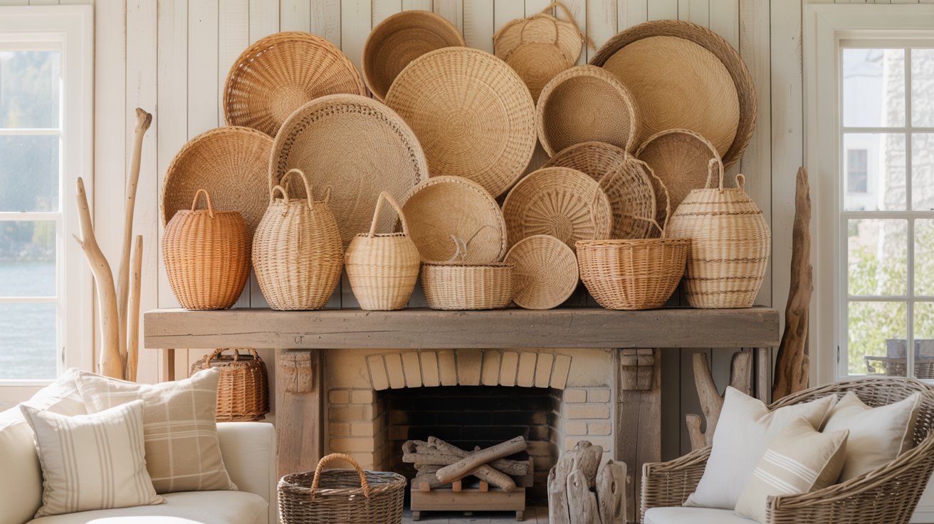 A cozy living room featuring a fireplace and decorative wicker baskets arranged around the space.