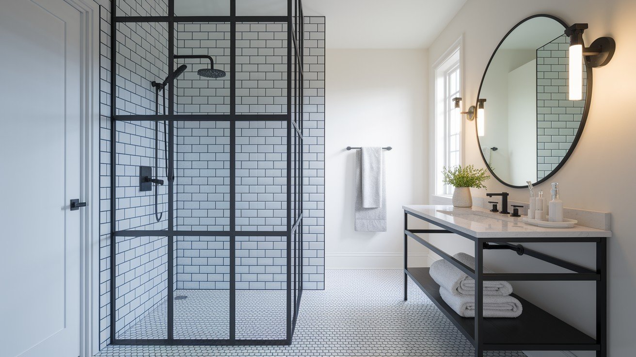Black-Framed Glass Walk-In Shower