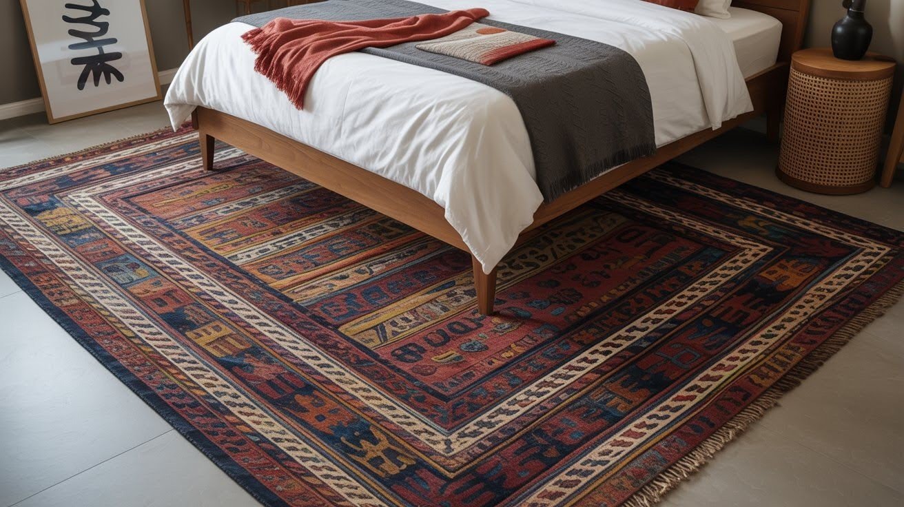 Bold Patterned Rug Framed by the Bed
