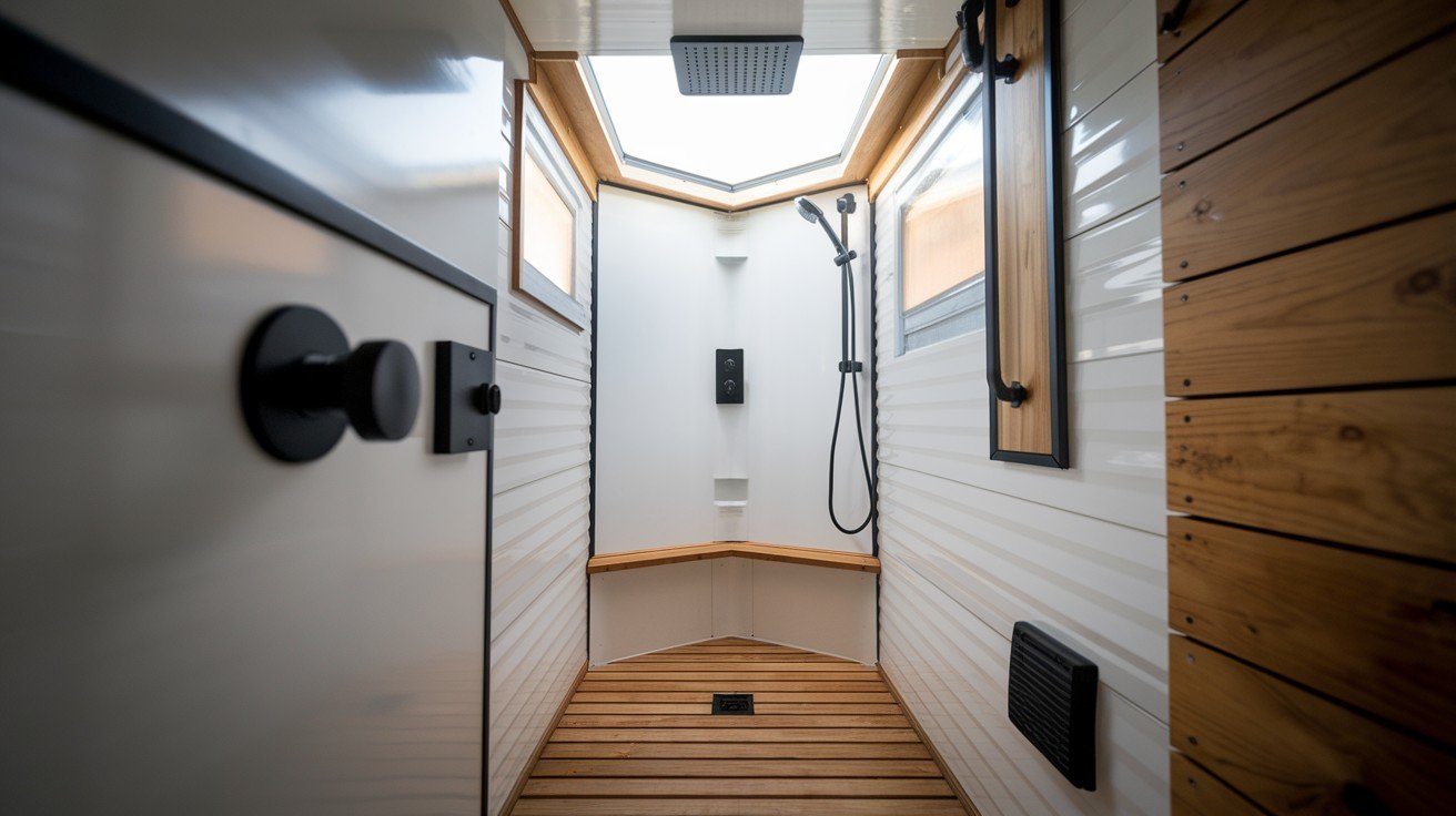 Compact Corner Shower in a Trailer
