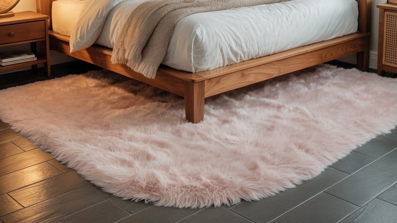 Fluffy Rug Tucked Just Under the Foot of the Bed