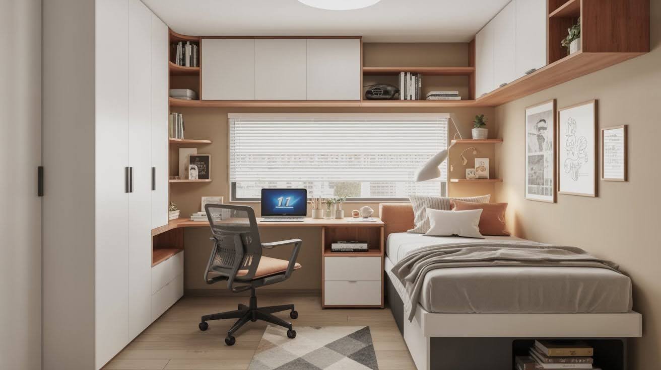 L-Shaped Desk and Bed Setup