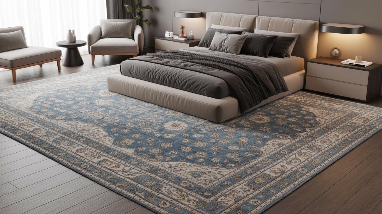 Large Area Rug Anchoring the Entire Corner