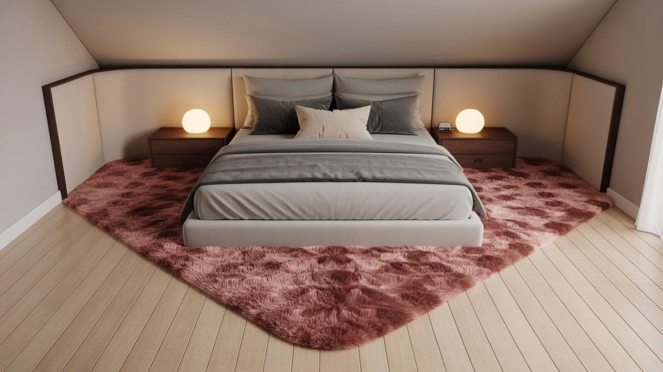 Shag Rug Just Beneath the Headboard Corner
