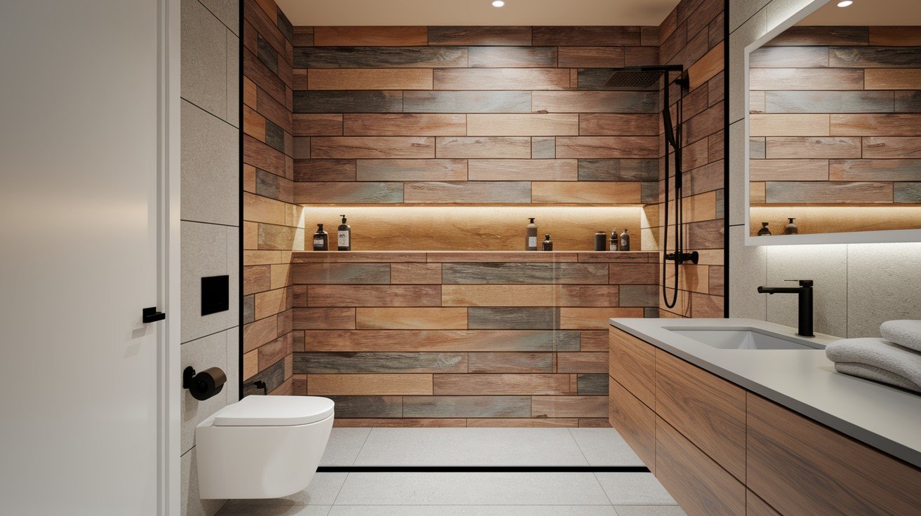 Shower with Wood-Look Porcelain Tile