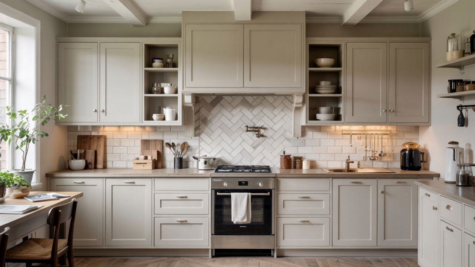 Taupe Cabinets with Herringbone Backsplash