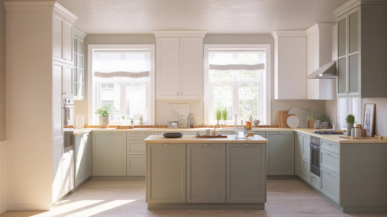 White Upper Cabinets with Light Grey Lower Cabinets