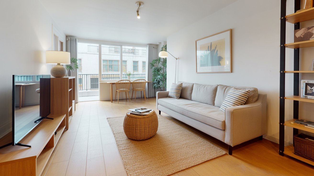 2. Floating Sofa with Clear Entry Path
