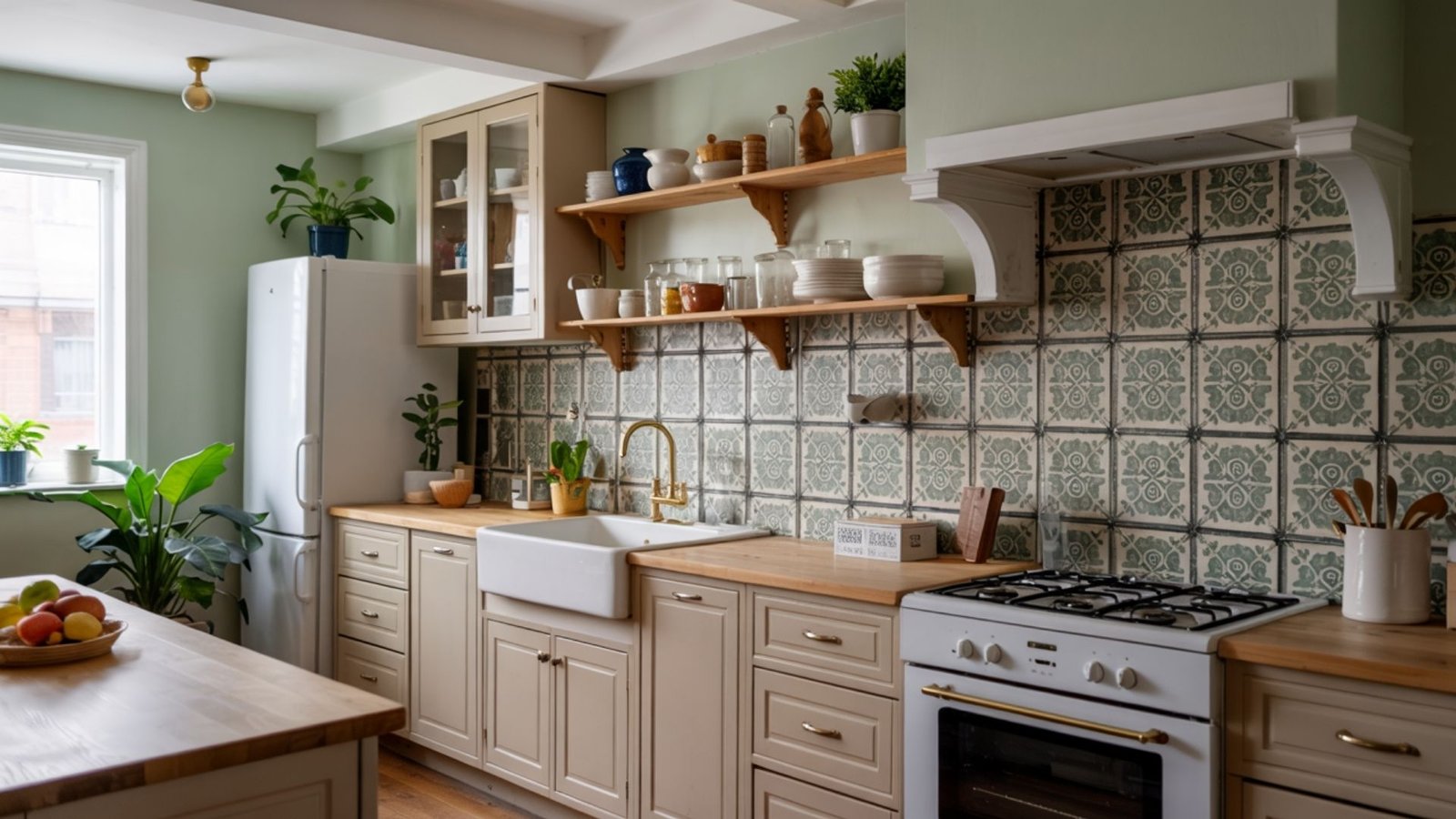 Taupe Cabinets with Bold Backsplash Tiles