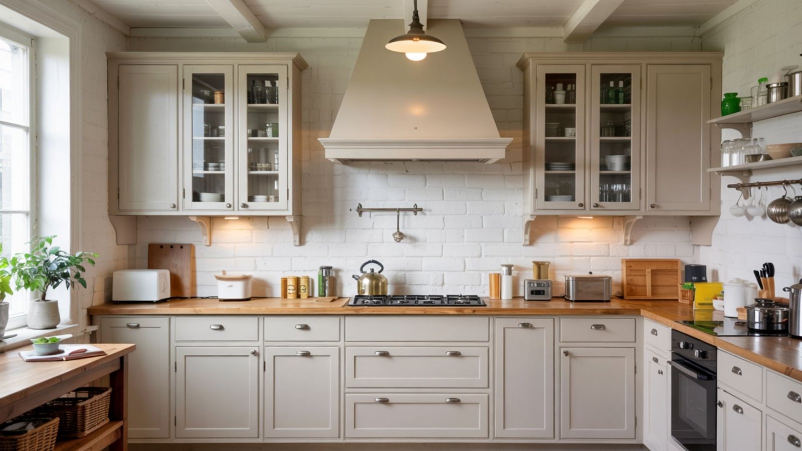Taupe Cabinets with Glass Fronts