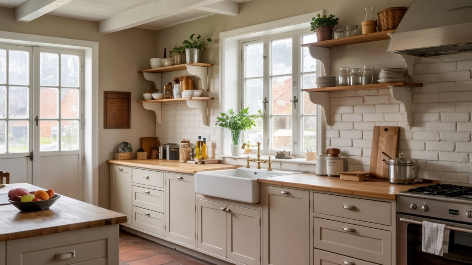 Farmhouse Taupe Cabinets with Apron Sink