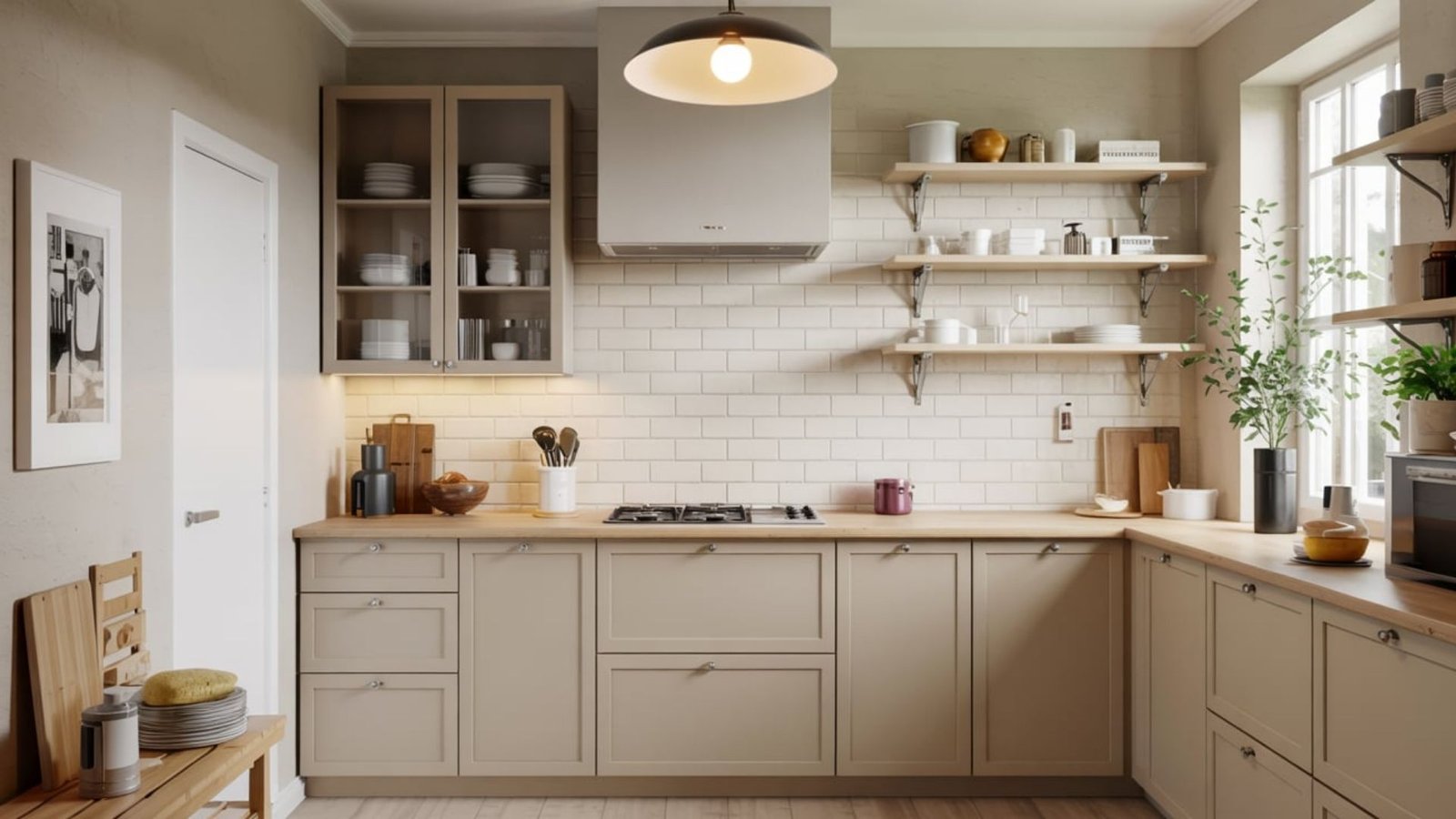 Taupe Cabinets with Warm Beige Walls