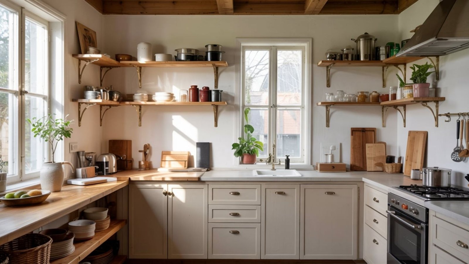 Taupe Cabinets with Open Wooden Shelving