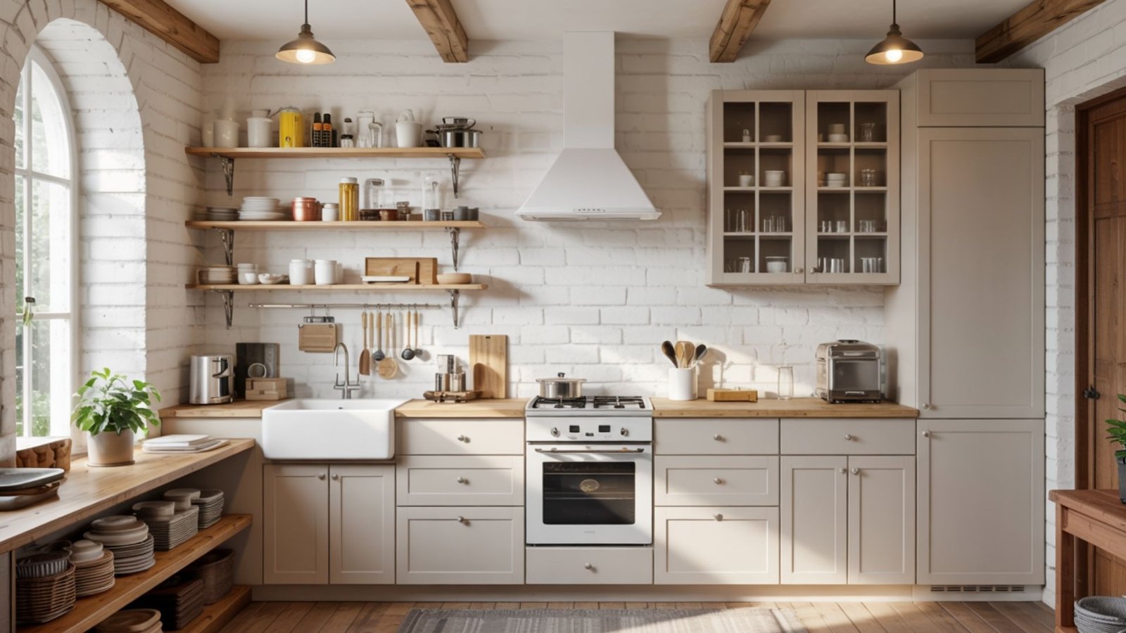 Taupe Cabinets with Natural Wood Flooring