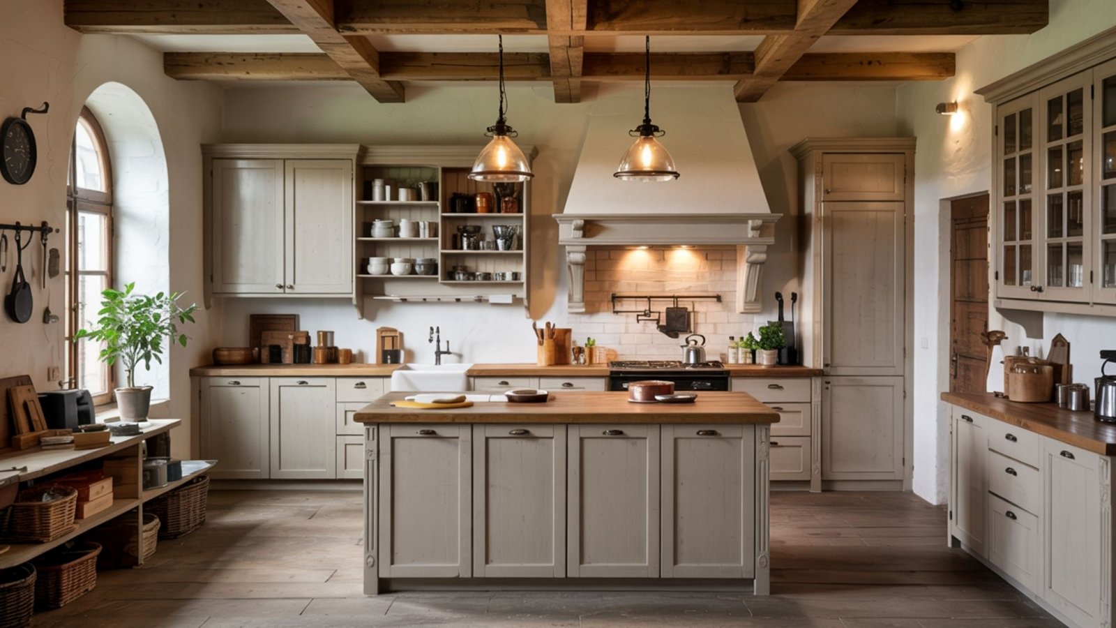 Rustic Taupe Cabinets with Wooden Beams