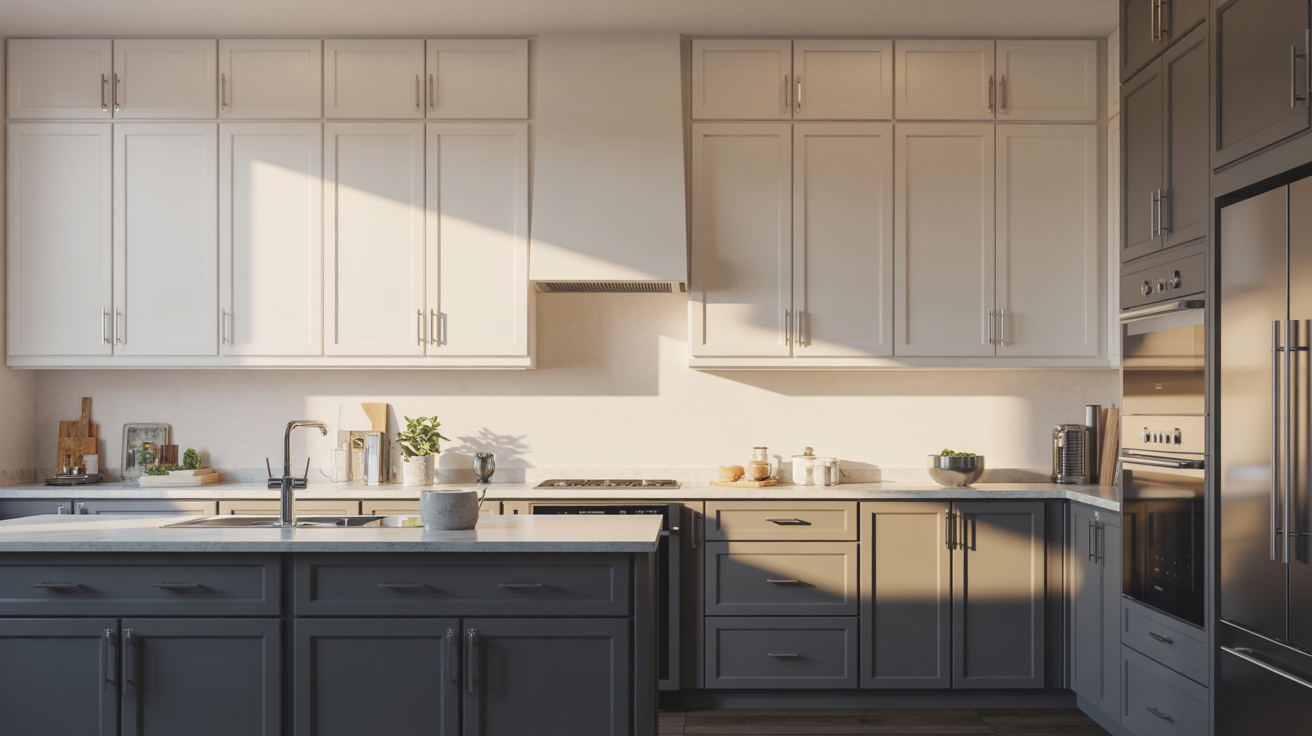 White Upper Cabinets with Dark Grey Lower Cabinets