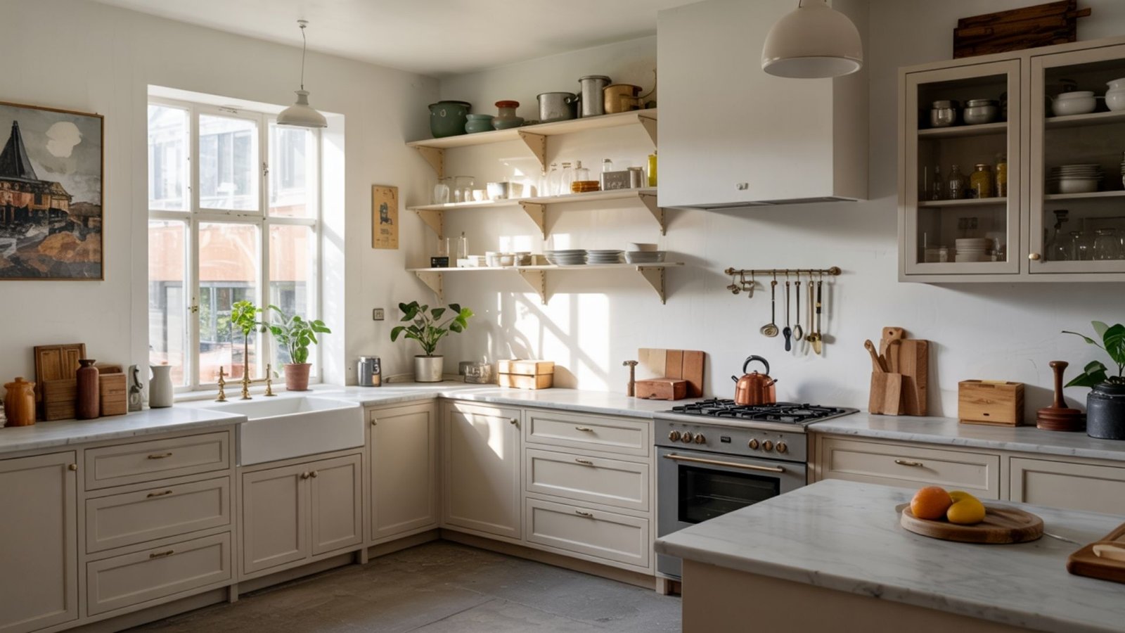 Taupe Cabinets with Marble Countertops