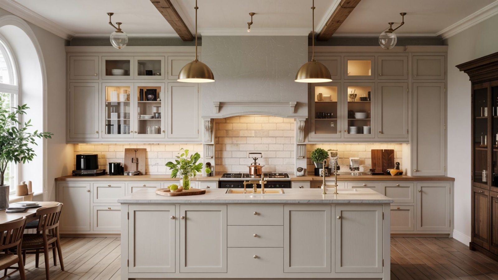 Taupe Cabinets with Gold or Brass Light Fixtures