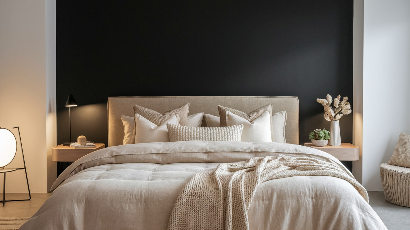 Classic Black Accent Wall With Beige Textiles