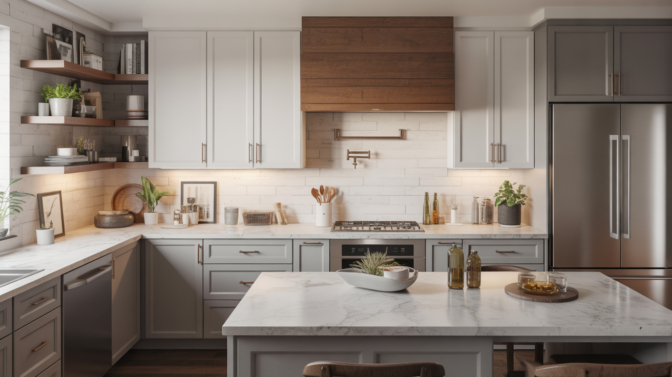 Mixing Materials with Grey and White Cabinets