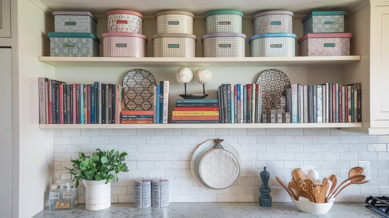 5. Line Up Cookbooks or Decorative Boxes