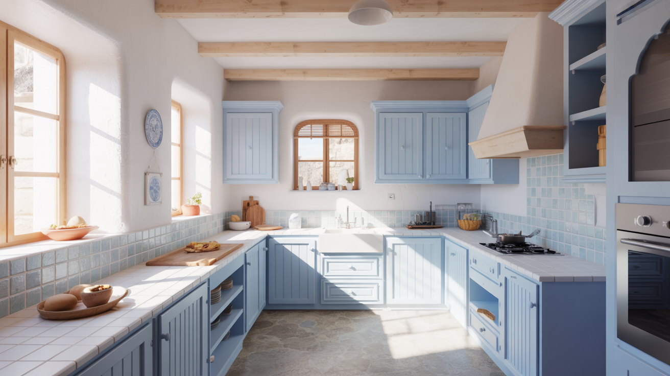 Blue and White Coastal Spanish Kitchen
