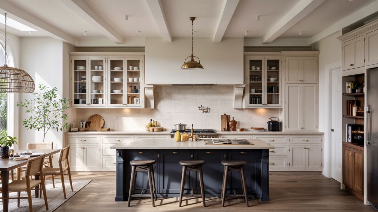 Taupe Cabinets with Bold-Colored Kitchen Island