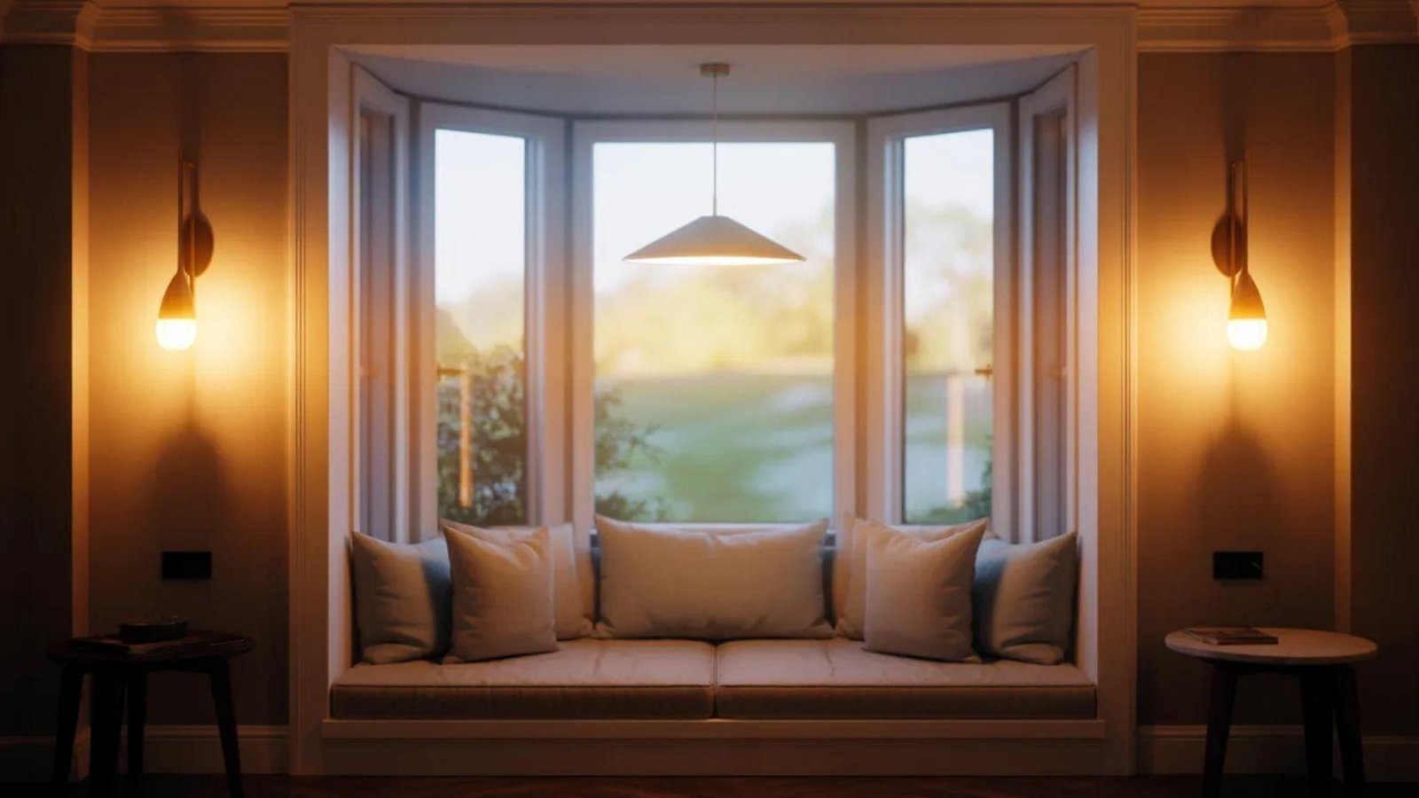 Cozy window nook with white cushions, flanked by two soft-lit wall sconces. Large windows overlook a serene, blurry green landscape at sunset.