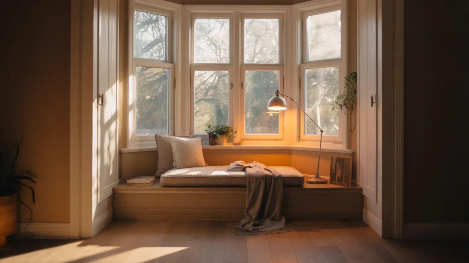 Cozy bay window nook with a cushioned seat, soft pillows, and a blanket. Warm sunlight filters in, creating a serene, inviting atmosphere.