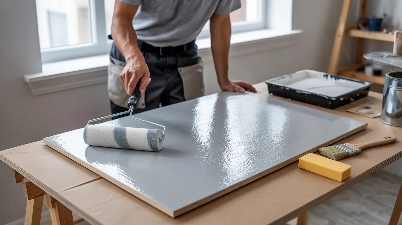 A person rolling gray paint on a large wooden board in a well-lit room. Nearby are paint supplies, suggesting a focused and creative atmosphere.