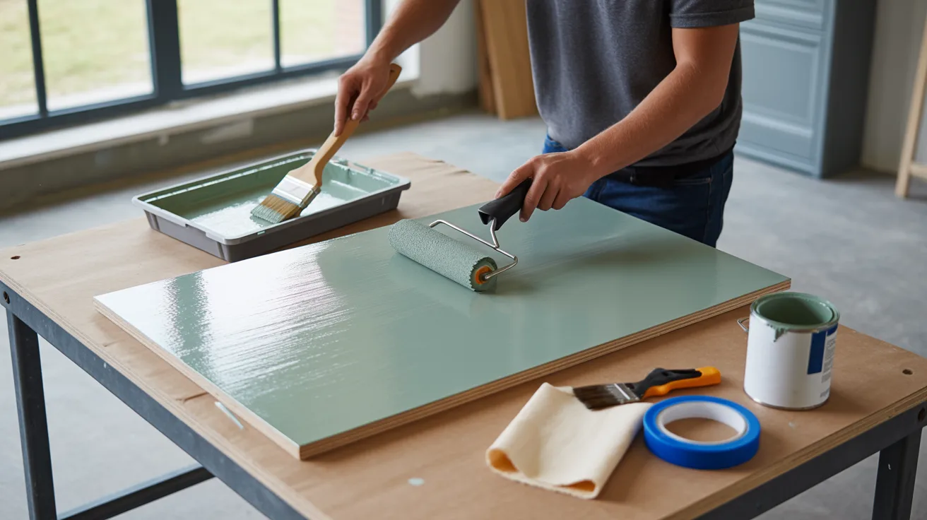 A person paints a flat surface with a green roller, using a tray of paint. Nearby are a brush, blue tape, and a cloth on a wooden table. The scene is calm and focused.