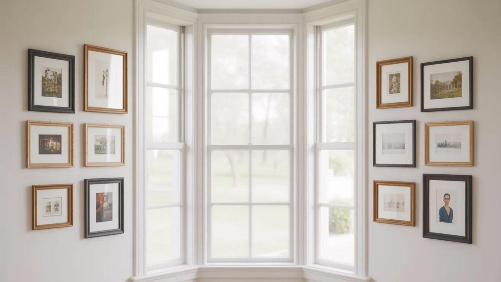 A bright corner view with a large bay window centered between two walls. Each wall displays a symmetrical arrangement of framed art, creating a serene and balanced gallery-like atmosphere.