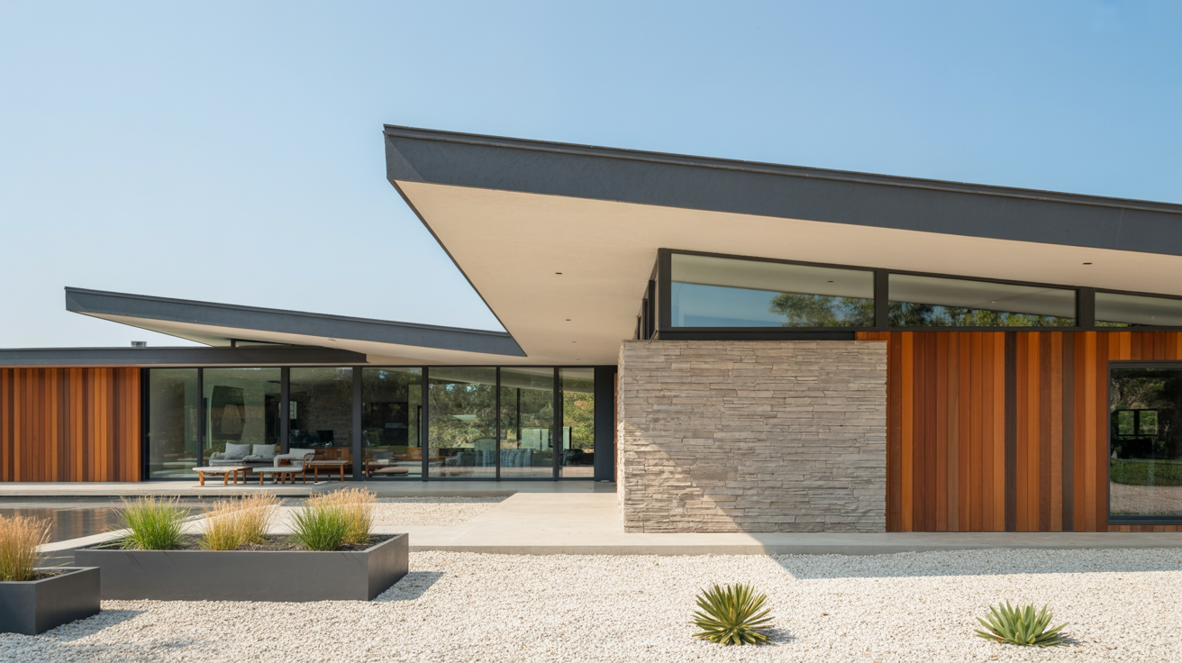 Modern house with sharp angles, featuring wood and stone facade, glass walls, and minimalist landscaping with planters and gravel under a clear blue sky.