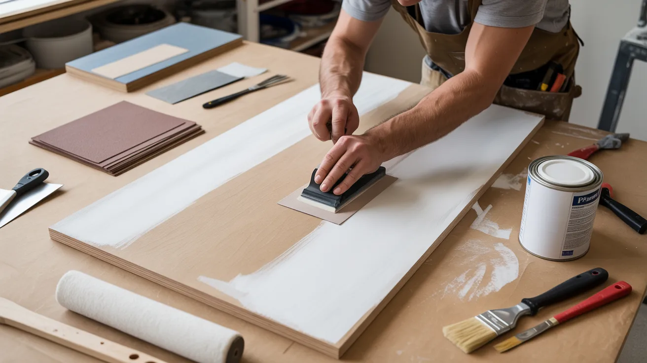 A person in a workshop sanding a wooden board partially painted white. Tools, brushes, and sandpaper are on the table, conveying a focused, creative atmosphere.