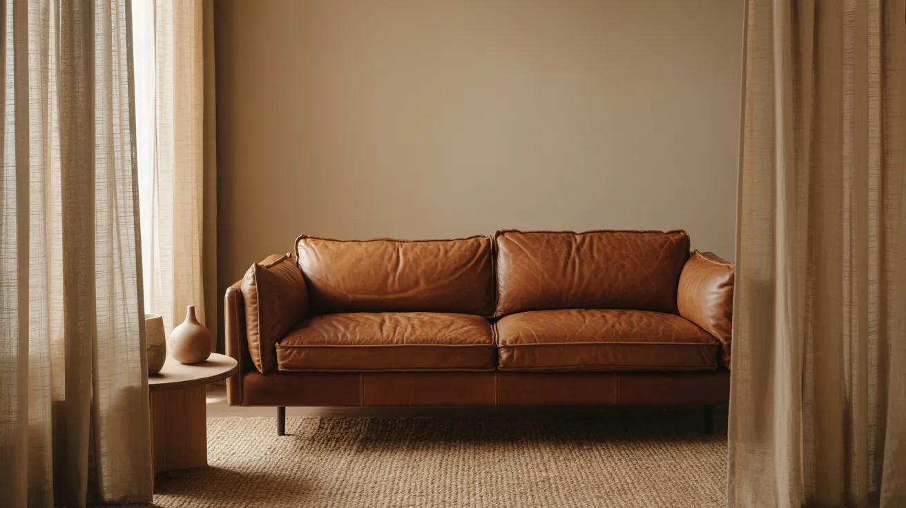 A warm, minimalist living room with a brown leather sofa centered against a beige wall. Soft curtains flank the space, and a small round table holds a ceramic vase.