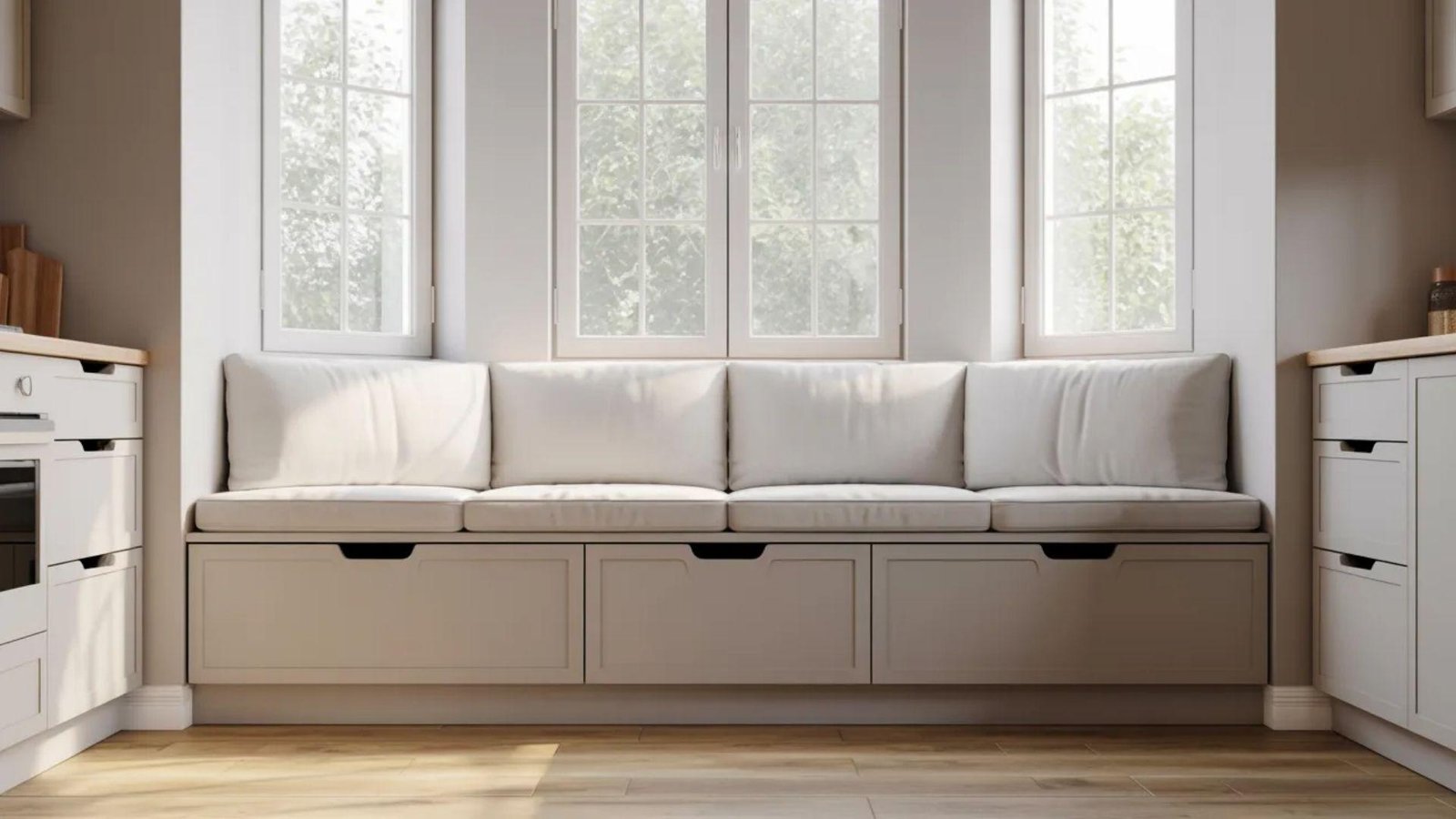 Cozy kitchen nook with a beige cushioned bench under three large windows, flanked by white cabinets. Sunlight streams in, creating a warm, inviting space.