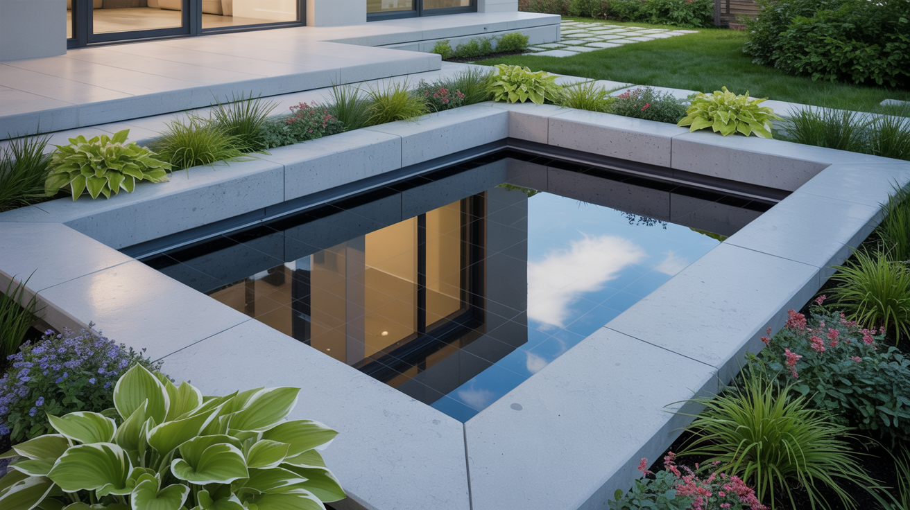 Modern patio scene with a square reflective pool surrounded by lush green plants and flowers. The serene water reflects the sky and building. Calm and elegant.
